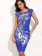 Shein Royal Blue Print Scoop Neck Cap Sleeve Sheath Dress