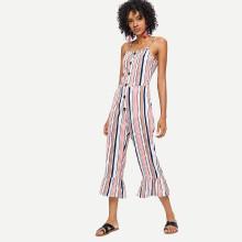 Shein Button Detail Ruffle Hem Striped Cami Jumpsuit