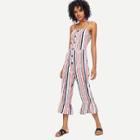 Shein Button Detail Ruffle Hem Striped Cami Jumpsuit