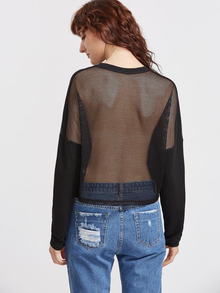 Shein Black Drop Shoulder Fishnet Back Sweatshirt