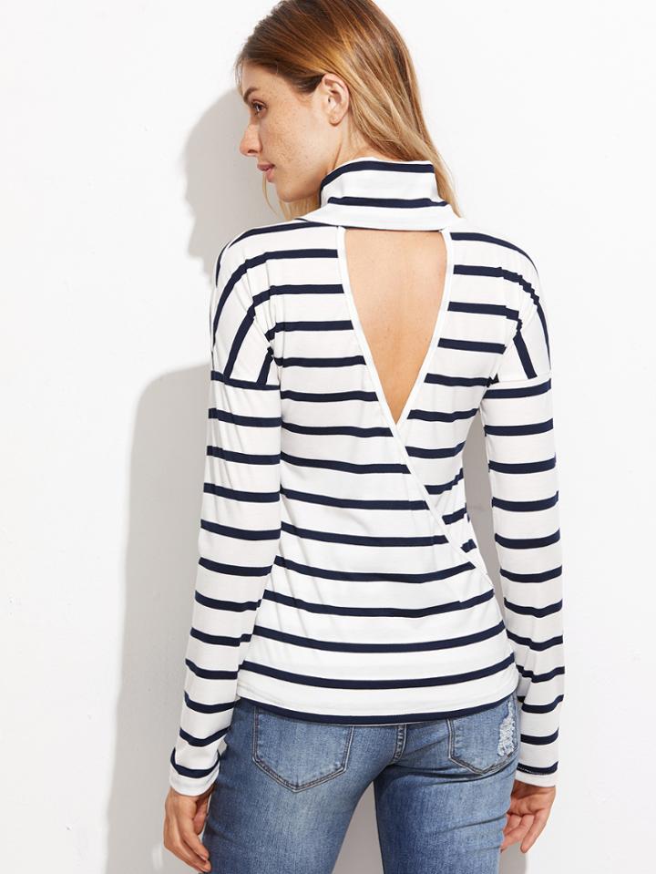 Shein Turtleneck Wrap Back Striped T-shirt