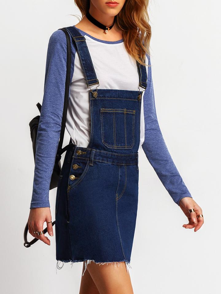 Shein Blue Straps Denim Frayed Pinafore Dress