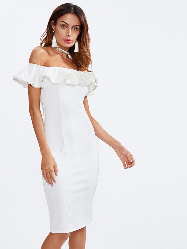 Shein Beading Flounce Bardot Form Fitting Dress