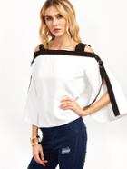 Shein White Contrast Trim Cold Shoulder Top With Buckle Detail