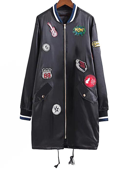 Shein Embroidered Patch Stripe Trim Long Drawstring Flight Jacket