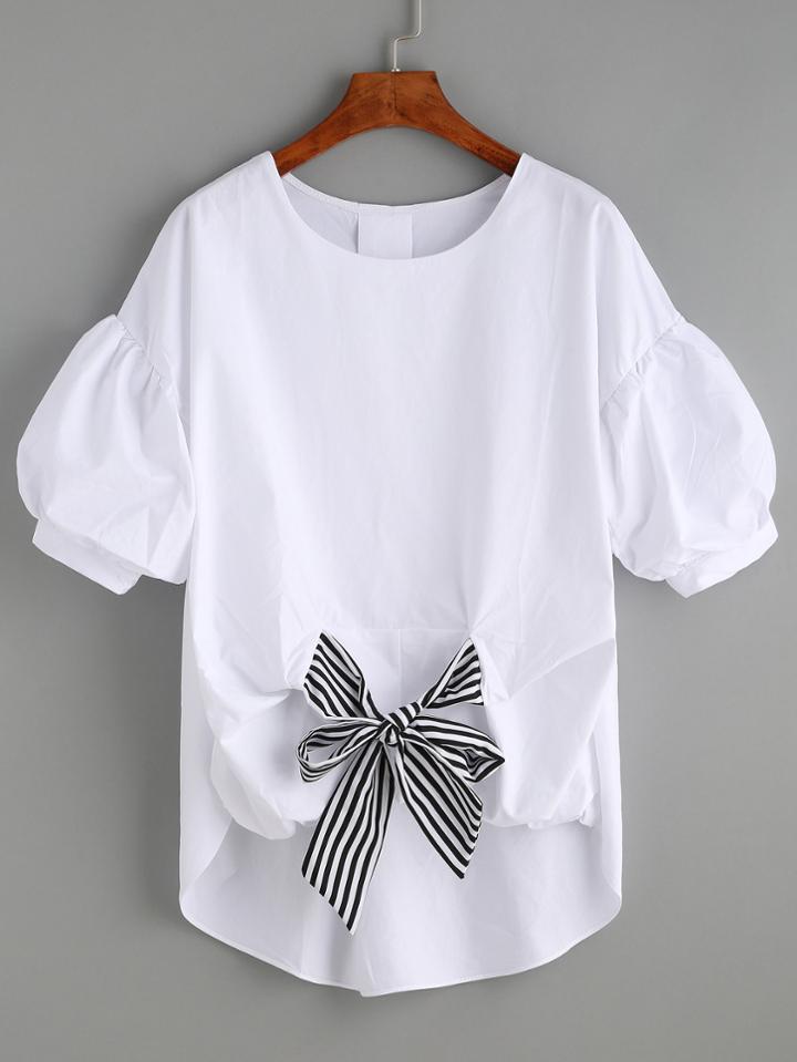 Shein Self-tie Front Puff Sleeve Blouse