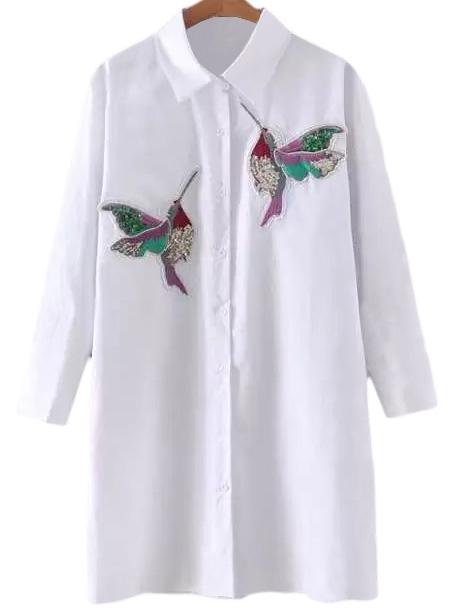 Shein White Buttons Front Bird Embroidery Lapel Blouse
