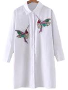 Shein White Buttons Front Bird Embroidery Lapel Blouse