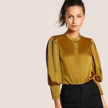 Shein Puff Sleeve Slim Fit Satin Blouse