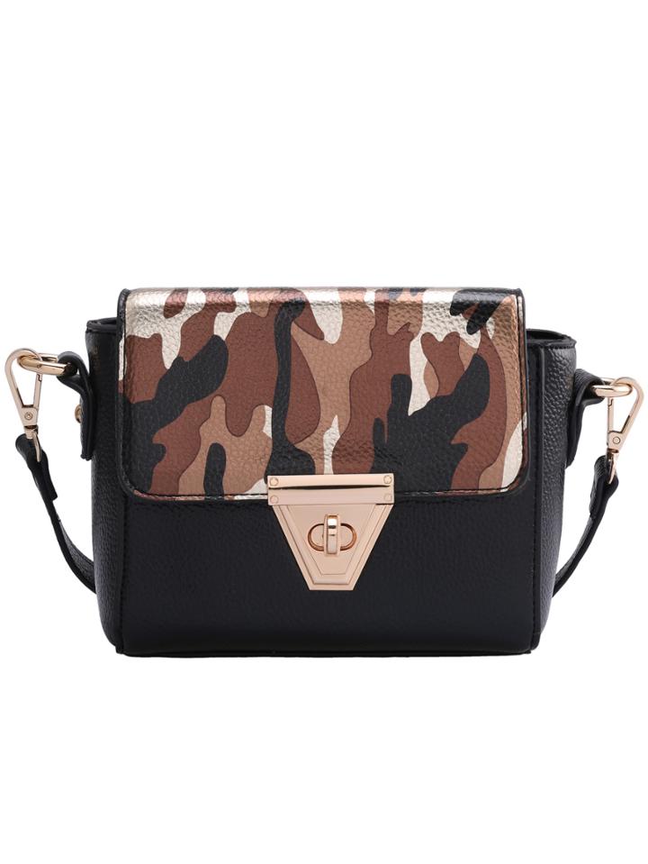 Shein Black Camouflage Twist Lock Pu Shoulder Bag