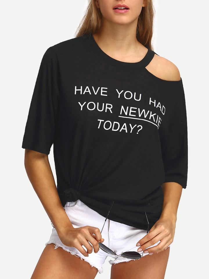 Shein One Shoulder Cutout Print T-shirt