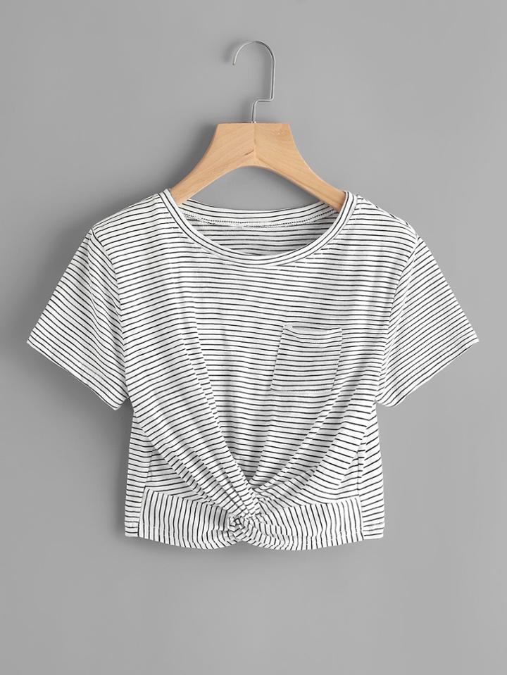 Shein Striped Twist Front Crop Tee