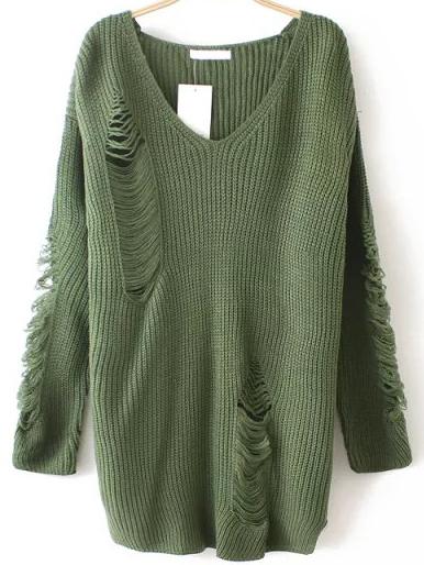 Shein Army Green V Neck Ripped Sweater