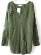 Shein Army Green V Neck Ripped Sweater