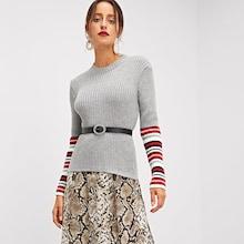 Shein Striped Rib Knit Sweater Without Belt