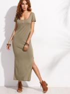 Shein Pale Army Green Scoop Neck Button Front Slit Dress