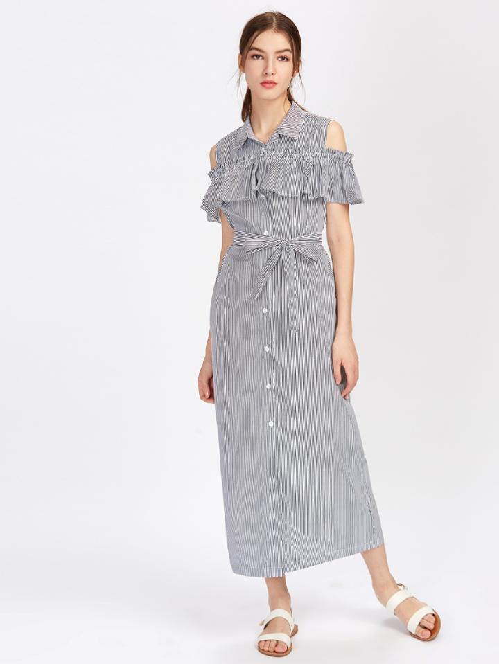 Shein Vertical Striped Open Shoulder Frill Trim Shirt Dress