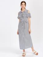 Shein Vertical Striped Open Shoulder Frill Trim Shirt Dress