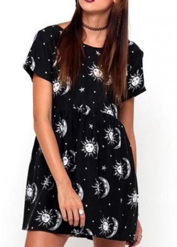 Rosewe Lovely Print Design Round Neck Short Sleeve Mini Dress