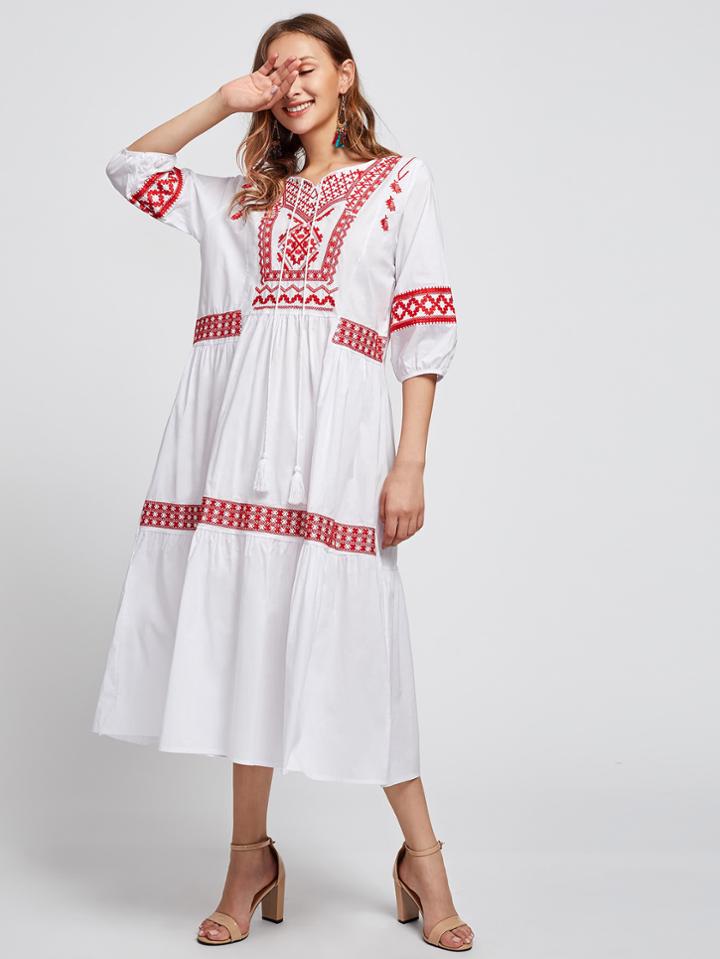 Shein Lantern Sleeve Tie Neck Embroidered Dress