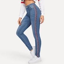 Shein Lettering Tape Detail Bleach Wash Jeans