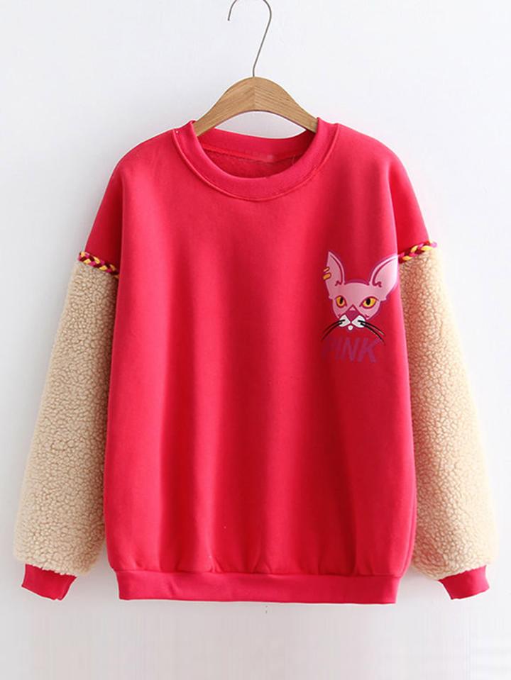 Shein Cat Print Contrast Faux Shearling Sleeve Sweatshirt