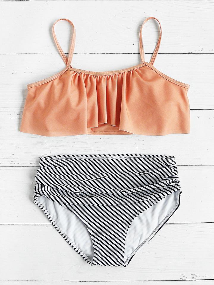 Shein Striped Print Mix & Match Flounce Bikini Set
