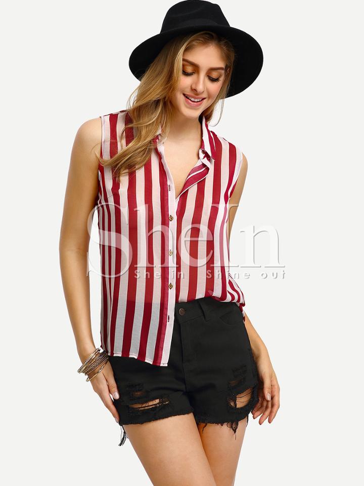 Shein Red Vertical Striped Bottons Blouse