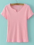 Shein Pink V Neck Short Sleeve Ribbed T-shirt