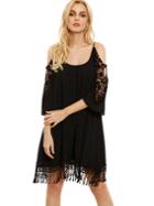 Shein Black Open Shoulder Crochet Lace Sleeve Tassel Dress