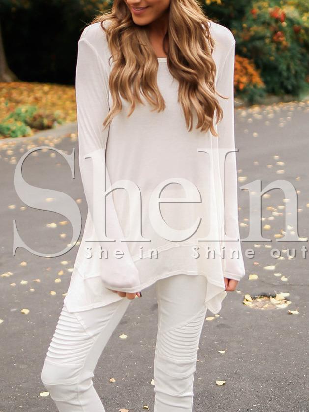 Shein Beige Crew Neck Asymmetric T-shirt