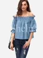 Shein Blue Off The Shoulder Ruffle Half Sleeve Blouse