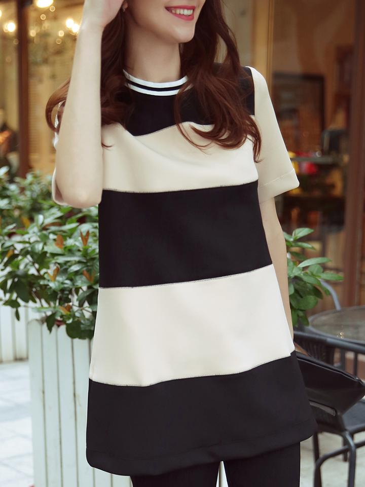 Shein Black Contrast Apricot Round Neck Short Sleeve Dress