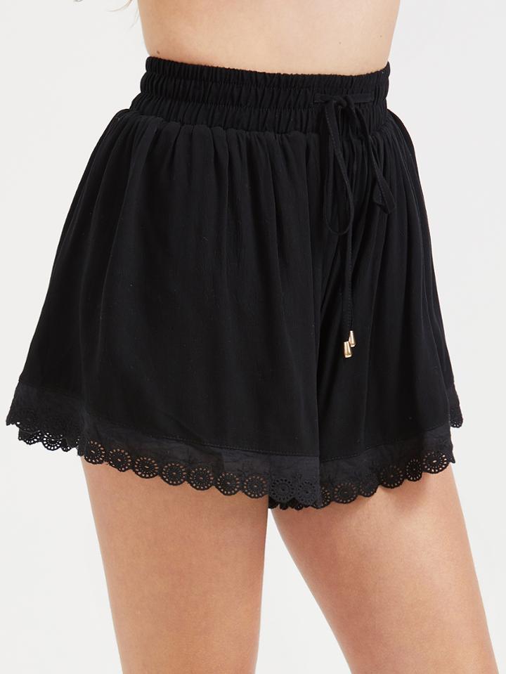 Shein Black Drawstring Contrast Eyelet Lace Hem Shorts