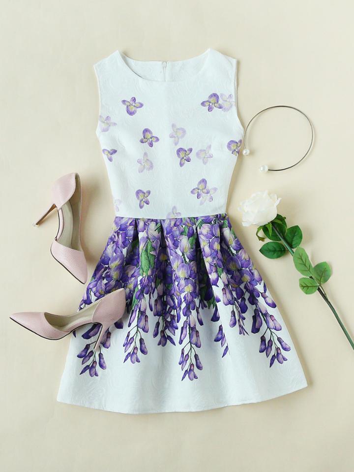 Shein Wisteria Print Embossed Fit & Flare Dress