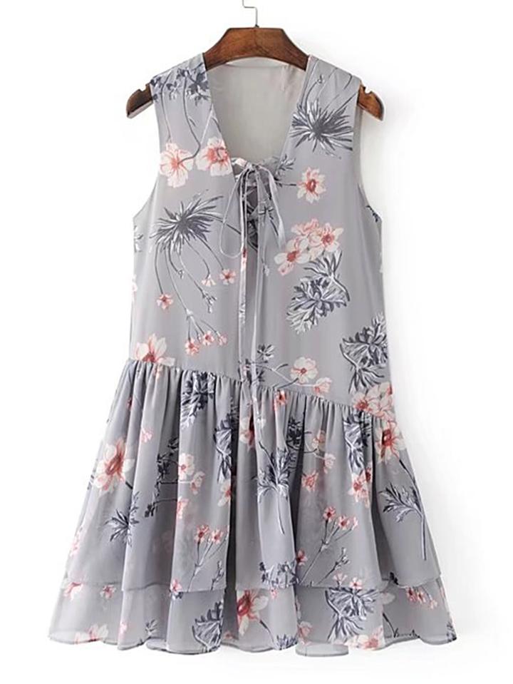 Shein Lace Up V Neck Ruffle Tiered Dress