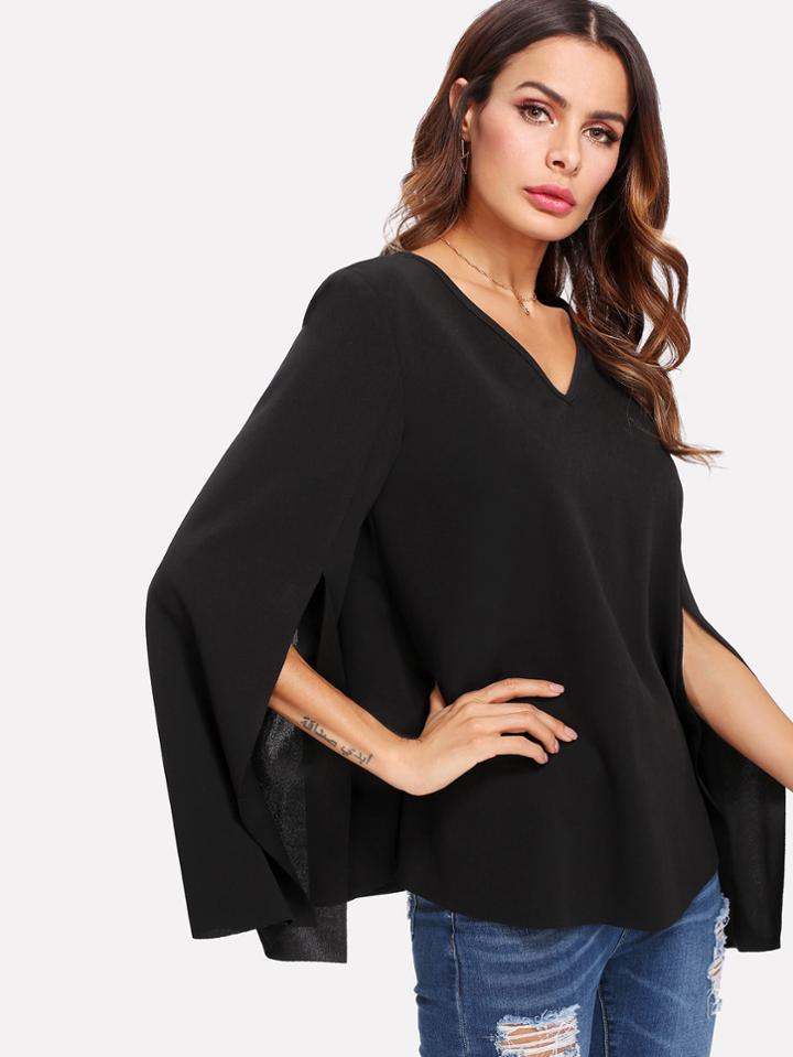 Shein V Neck Slit Bell Sleeve Blouse