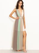 Shein Color Block Sleeveless V Neck Split Maxi Dress