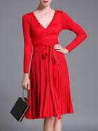 Shein Red V Neck Knit Pleated Tie-waist Dress