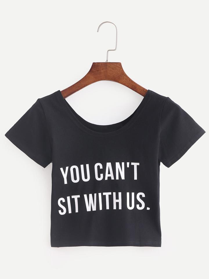 Shein Letter Print Black Crop T-shirt