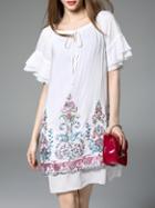 Shein White Tie Neck Bell Sleeve Embroidered Shift Dress