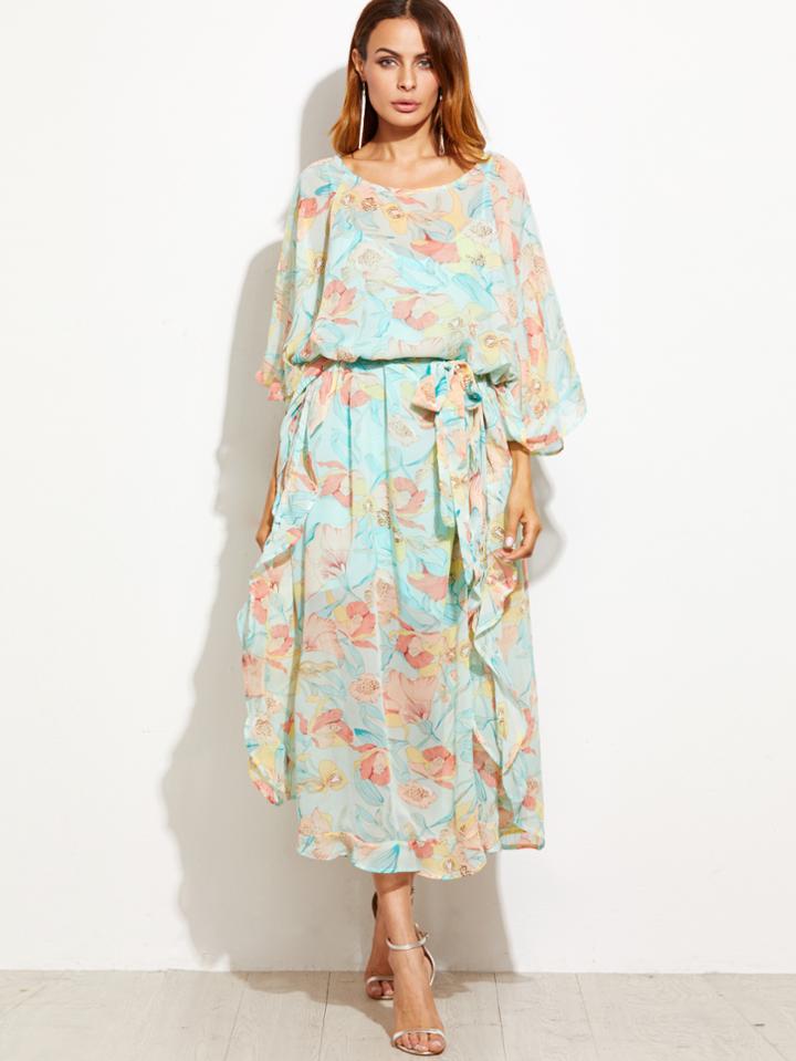 Shein Flower Print Self Tie Dress With Cami Top