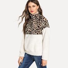 Shein Quarter Zip Leopard Print Teddy Sweatshirt