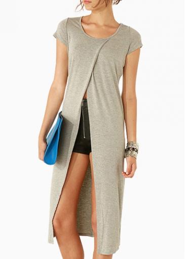 Rosewe Round Neck High Slit Grey Long T Shirt