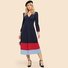 Shein 70s Surplice Wrap Neck Color-block Dress