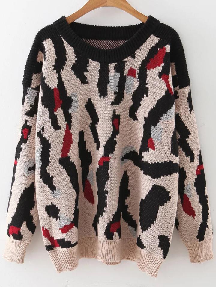 Shein Leopard Pattern Ribbed Trim Drop Shoulder Sweater