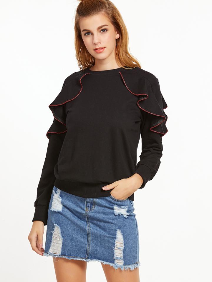 Shein Black Ruffle Trim Sweatshirt