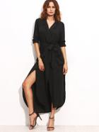 Shein Black Lapel Tie Waist Pocket Asymmetrical Dress