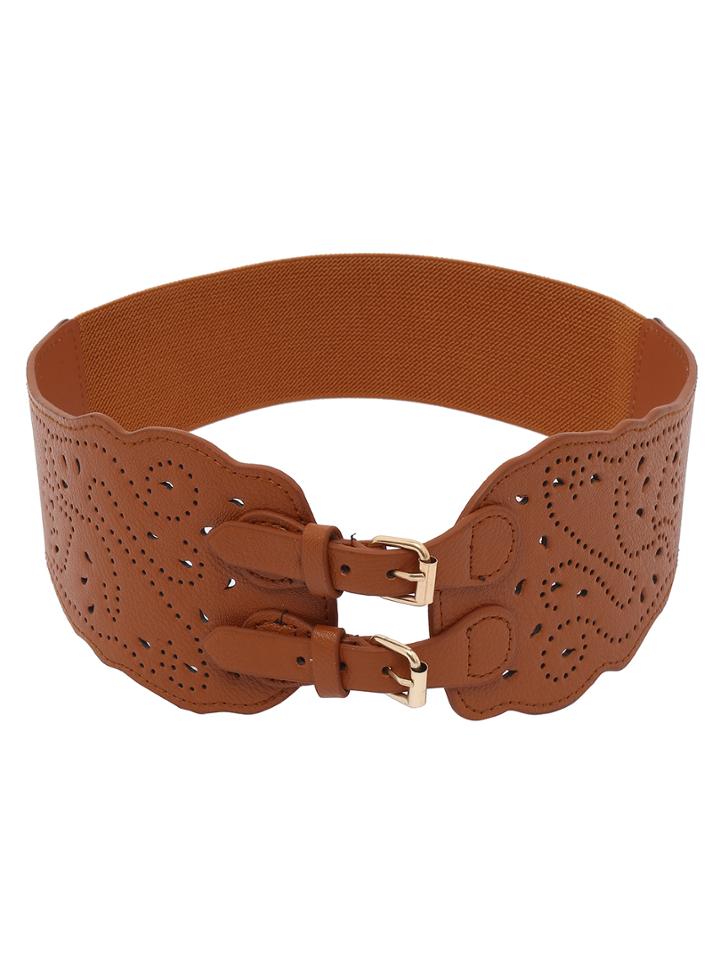 Shein Laser-cut Wide Waist Dual Buckle Belt - Brown