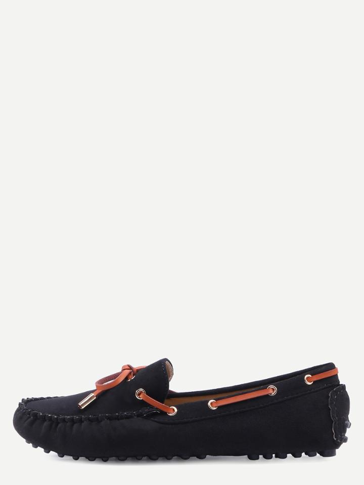 Shein Faux Suede Contrast Bow Tie Loafers - Black